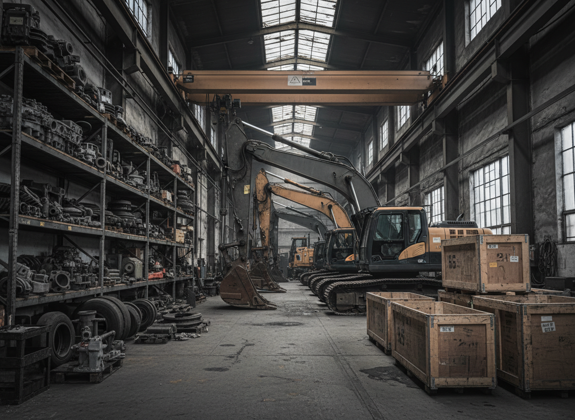 Heavy-equipment workshop with machinery and spare parts on steel racks