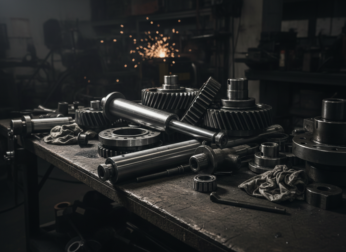 Hydraulic cylinders, gears and mechanical crane spare parts on a workbench
