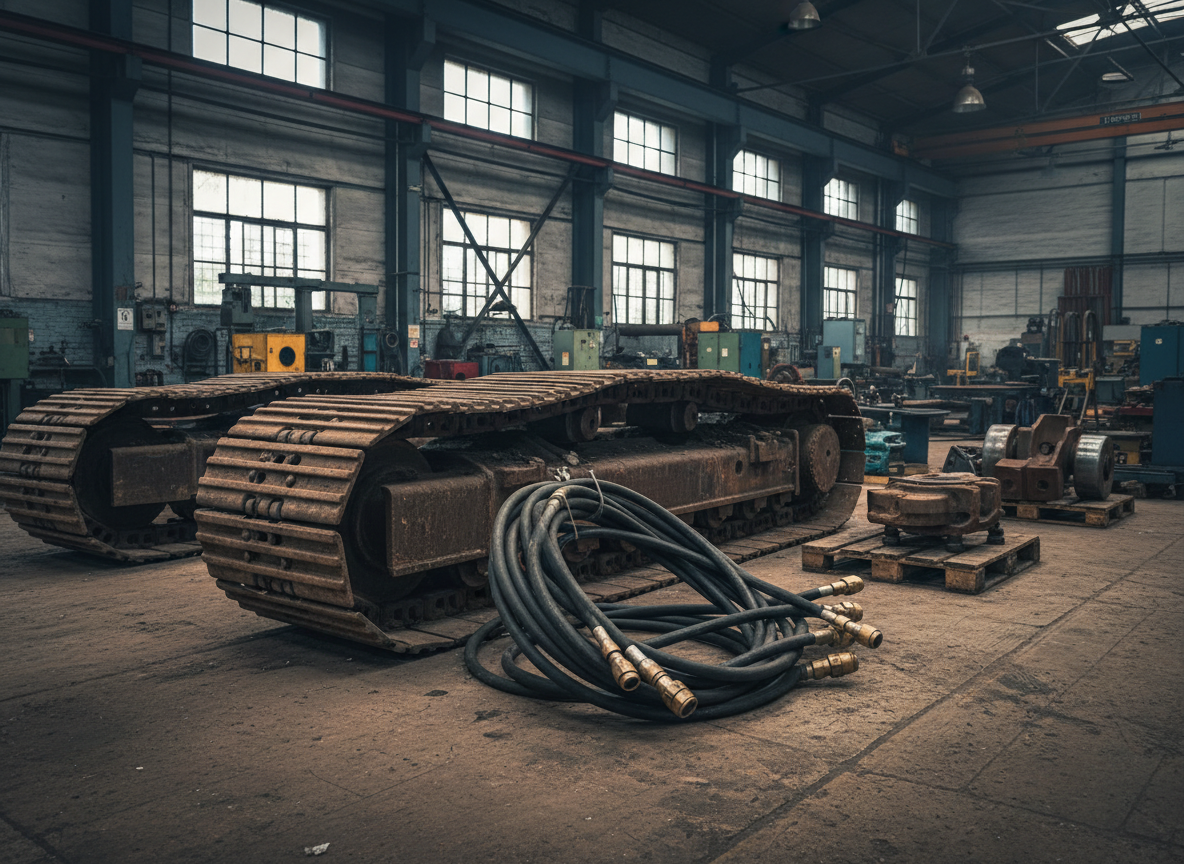 Excavator undercarriage parts and heavy hydraulic hoses in a workshop