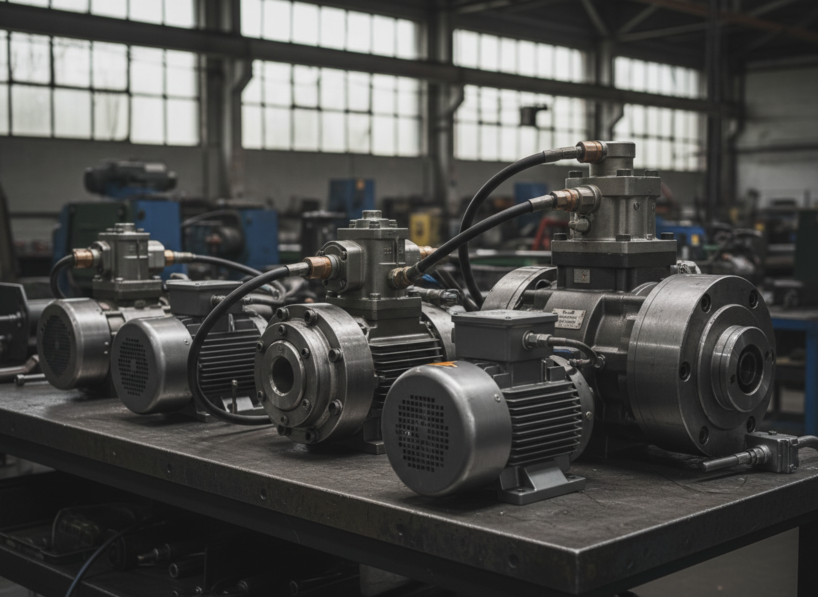 Hydraulic pumps, motors and valves arranged on a steel workbench