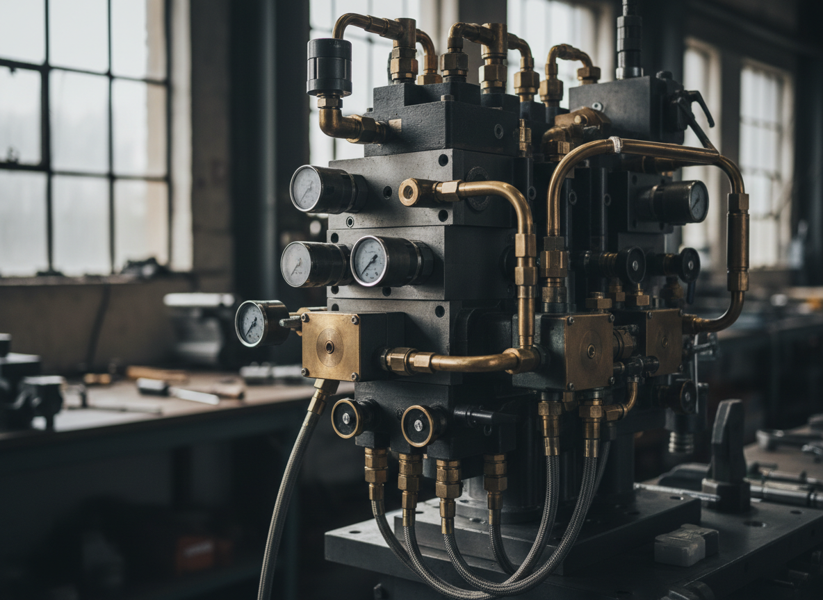 Hydraulic valve manifold and precision control components in an industrial workshop