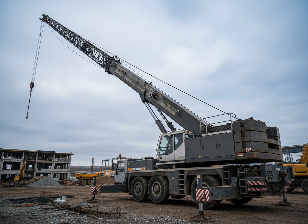 Used mobile crane with its boom extended at a construction yard