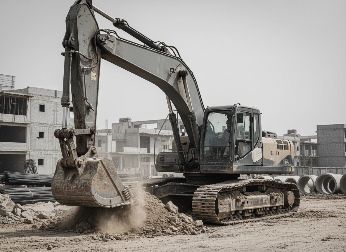 Used hydraulic excavator working on a construction site