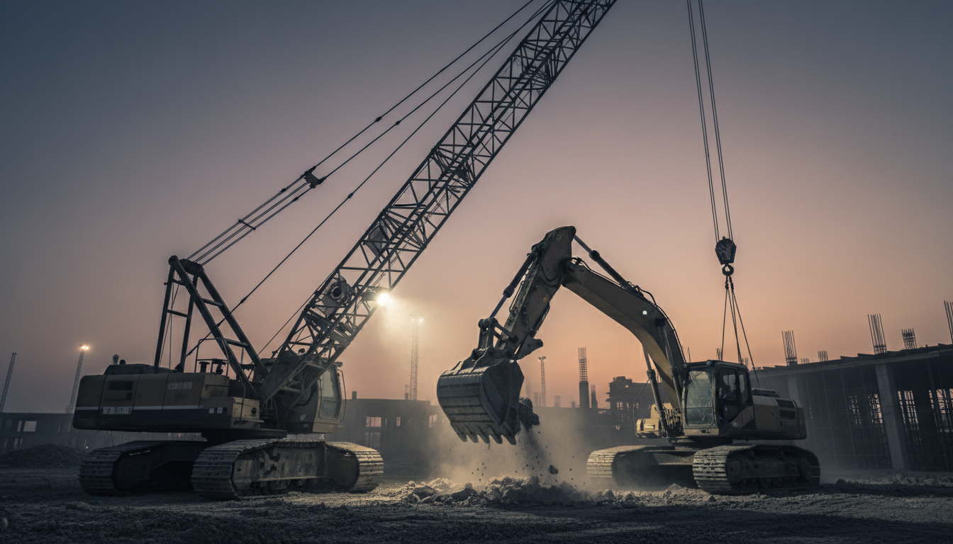 Crawler crane and hydraulic excavator working at a heavy construction site at dusk